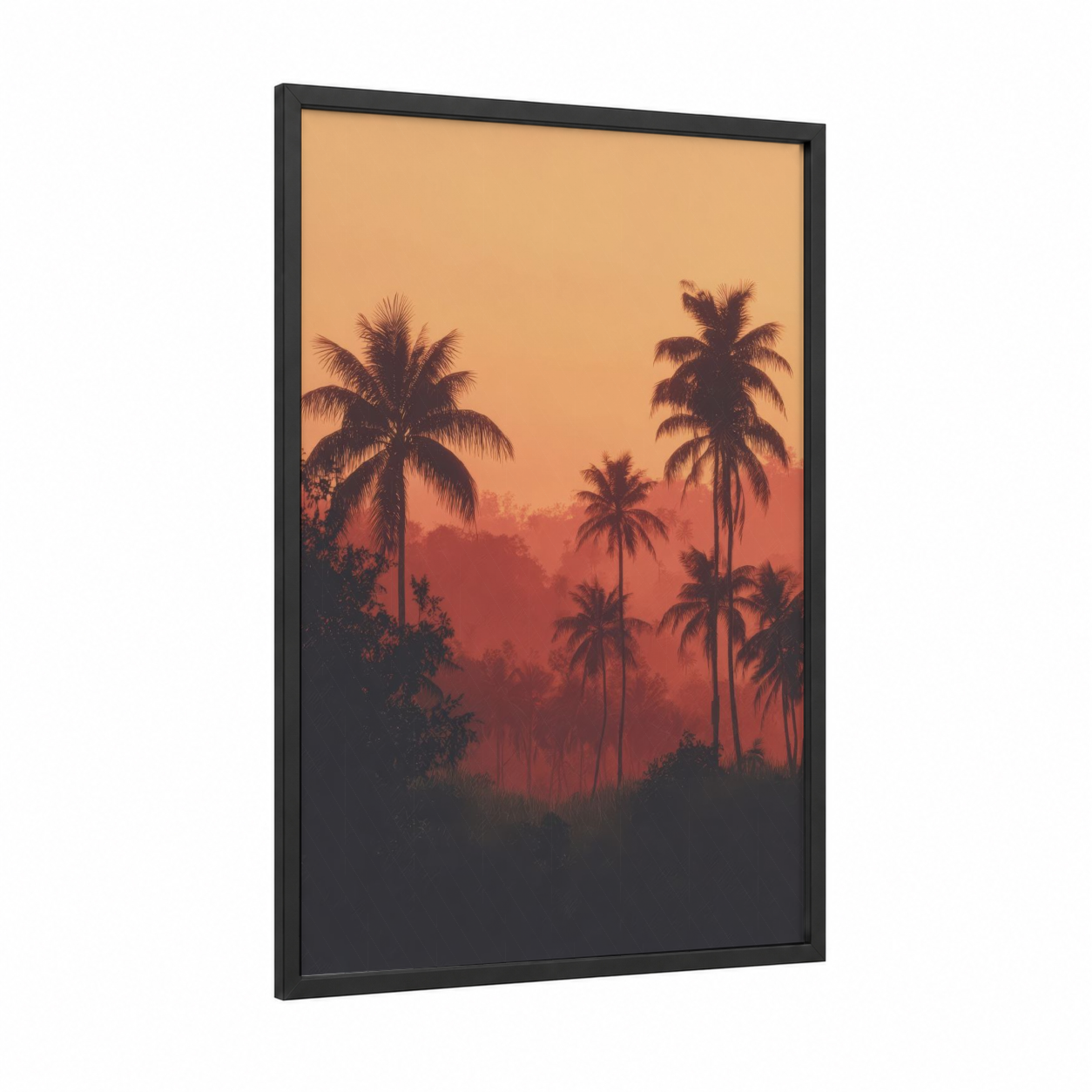 Tropical Sunset Palms framed palm forest print — black wood frame — orange and red palette