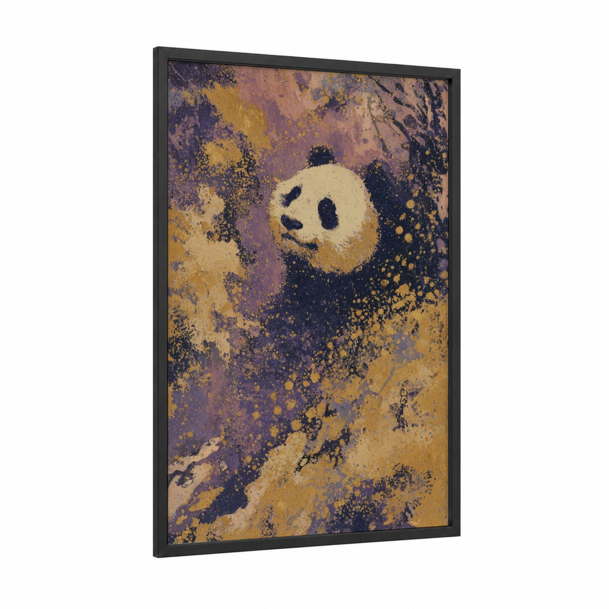 Cosmic Panda framed art print — black wood frame — purple and gold palette