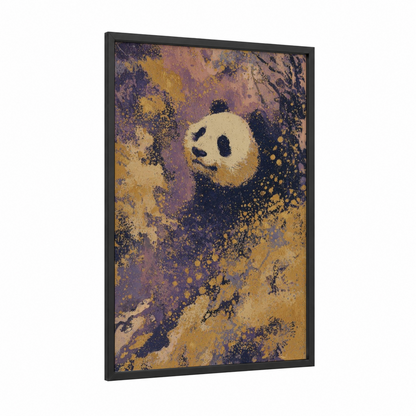 Cosmic Panda framed art print — black wood frame — purple and gold palette