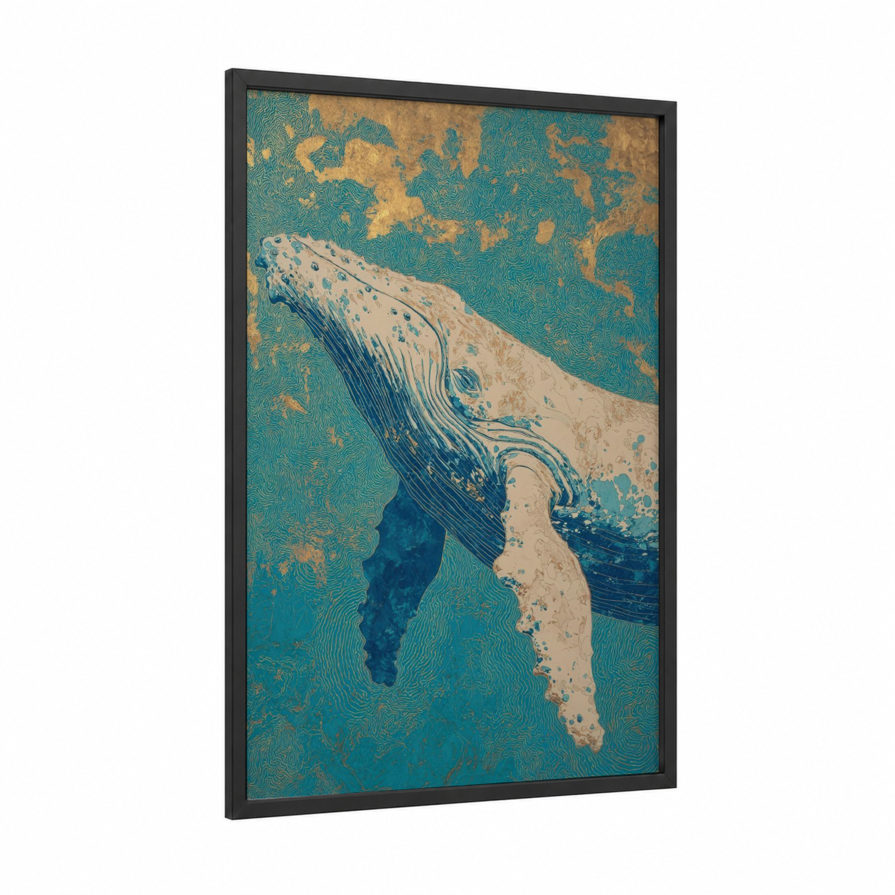 Deep Ocean Whale framed sperm whale print — black wood frame — teal and cream palette