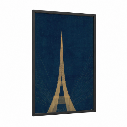 Golden Tower Night framed eiffel tower print — black wood frame — dark blue and gold palette