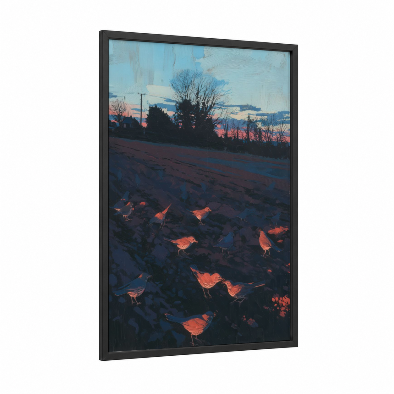 Dusk Thrush Gathering framed art print — black wood frame — blue and salmon pink palette