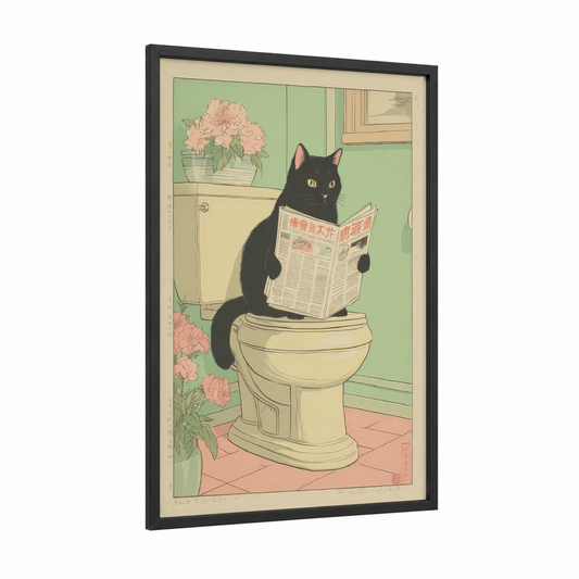 Reading Cat Toilet framed art print — black wood frame — light green and peach palette