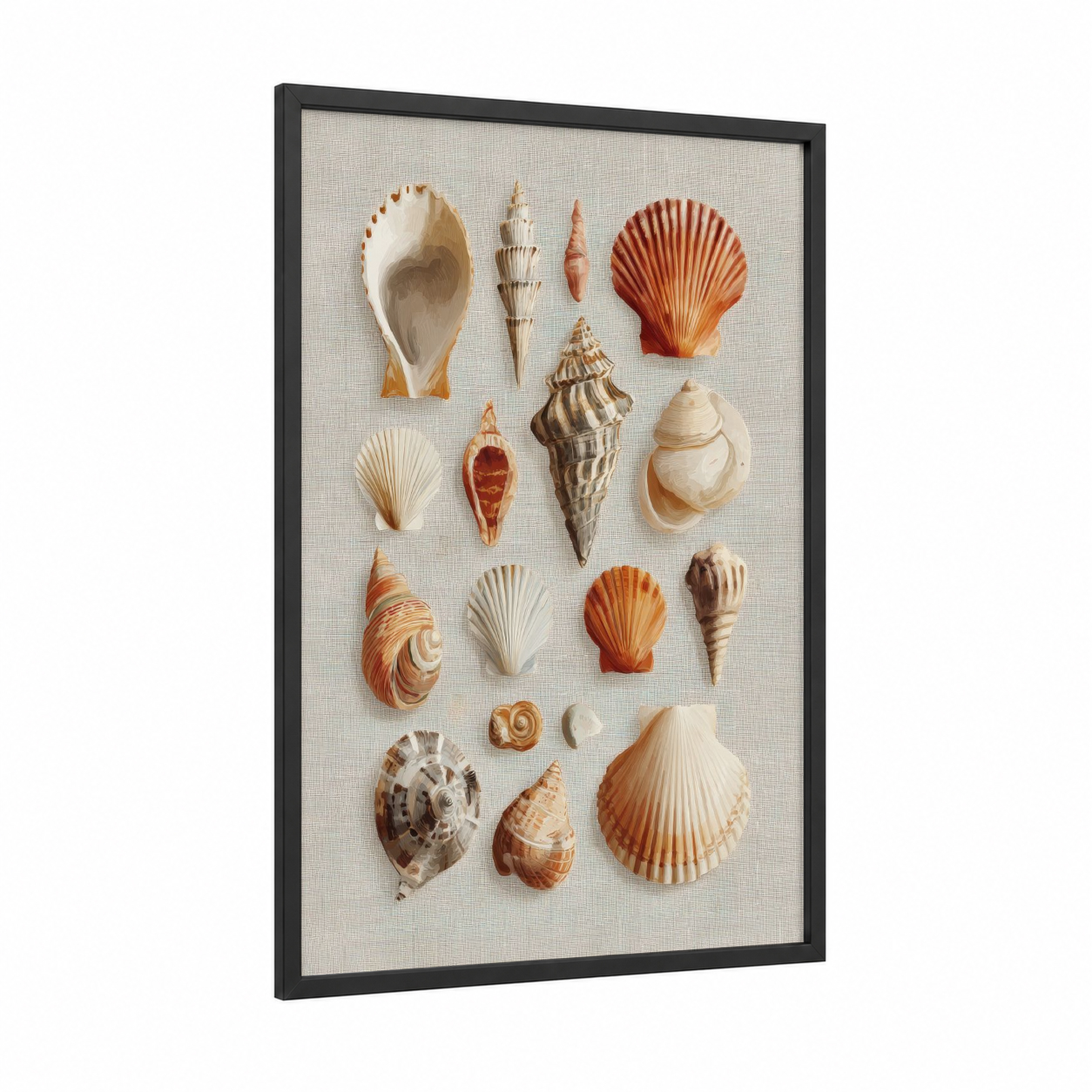 Coastal Seashell Collection framed art print — black wood frame — cream and russet palette