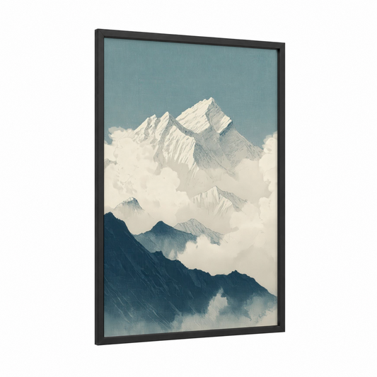 Snowy Everest Peak framed mount everest print — black wood frame — blue and white palette