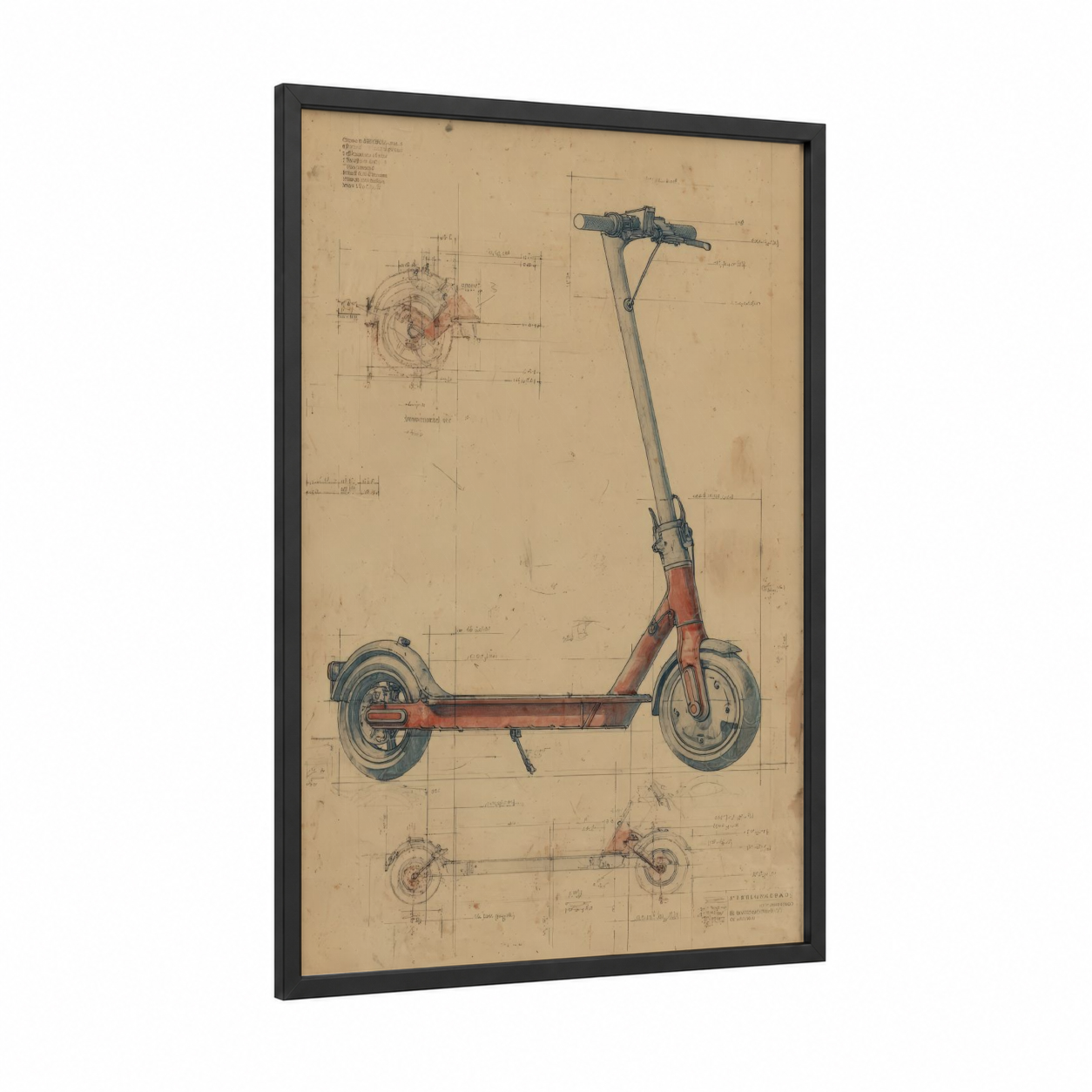Vintage Scooter Blueprint framed art print — black wood frame — beige and russet palette