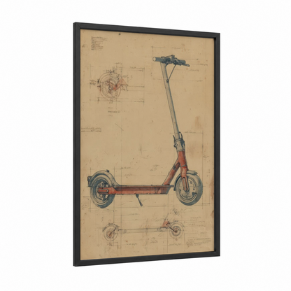 Vintage Scooter Blueprint framed art print — black wood frame — beige and russet palette