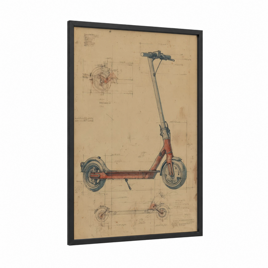 Vintage Scooter Blueprint framed art print — black wood frame — beige and russet palette