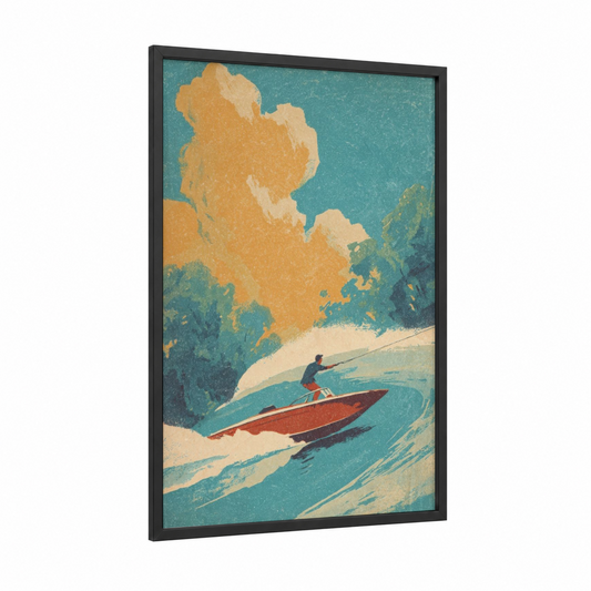 Golden Wave Wakeboarder framed wakeboarding print — black wood frame — gold and teal palette