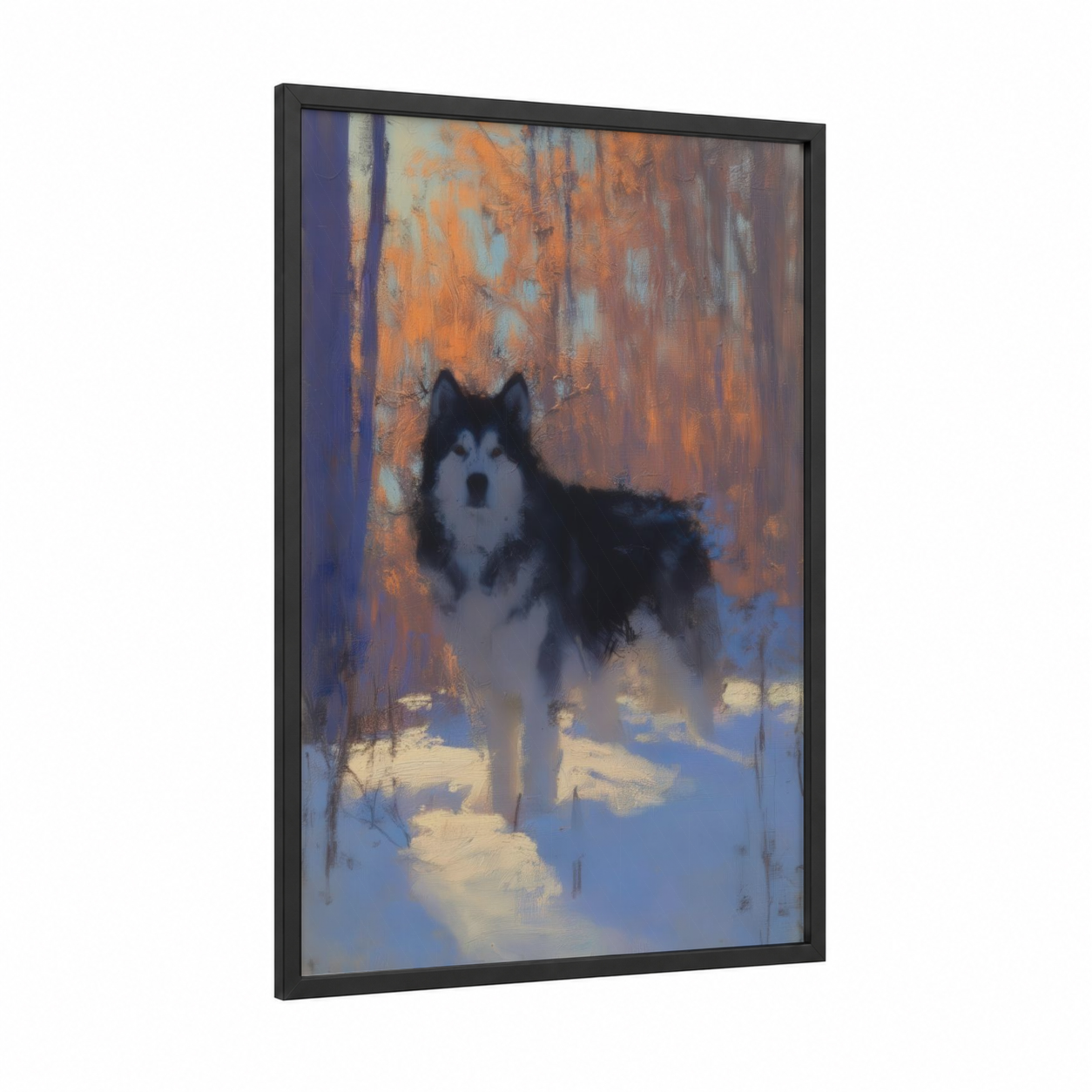 Snowy Spitz framed art print — black wood frame — orange and blue and white palette