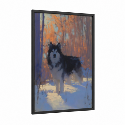 Snowy Spitz framed art print — black wood frame — orange and blue and white palette