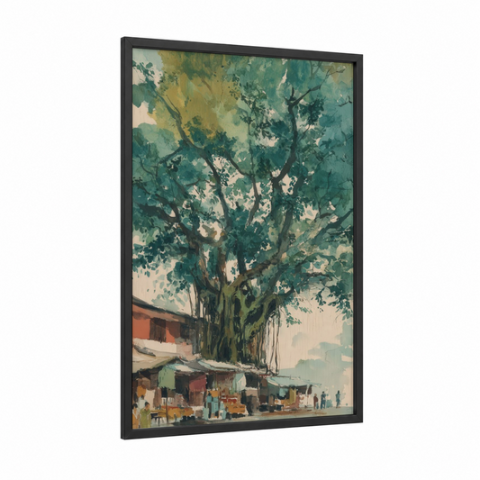 Sheltering Banyan framed banyan tree print — black wood frame — teal and cream palette