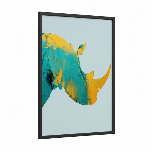 Golden Rhino framed art print — black wood frame — teal and yellow gold palette
