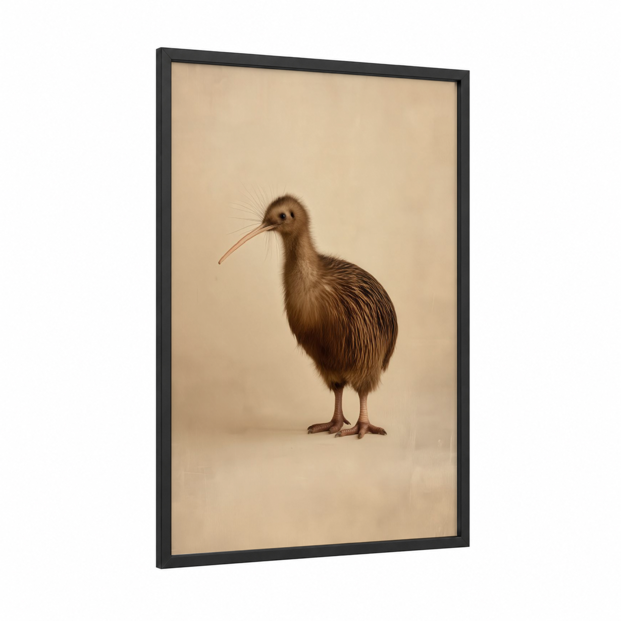 Brown Kiwi Bird framed art print — black wood frame — beige and brown palette