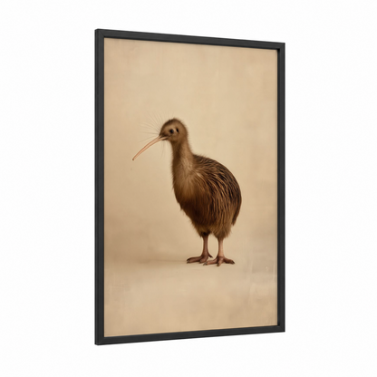 Brown Kiwi Bird framed art print — black wood frame — beige and brown palette