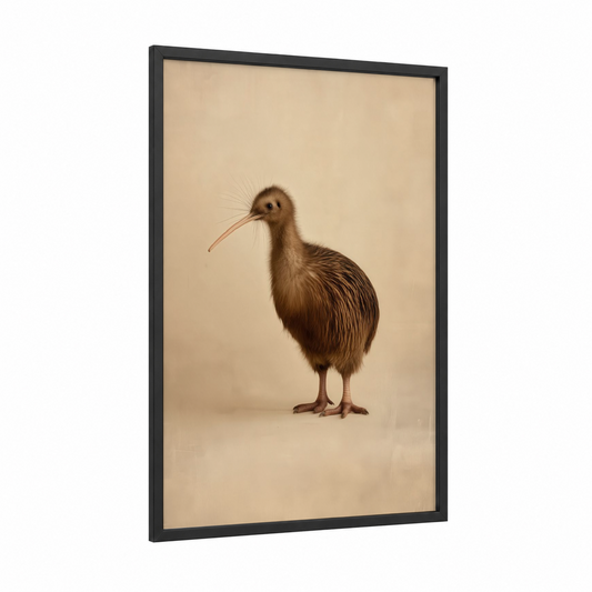 Brown Kiwi Bird framed art print — black wood frame — beige and brown palette