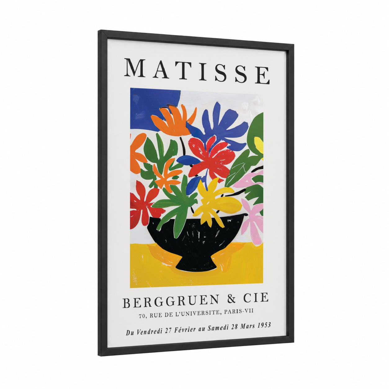Matisse Floral Cutout framed abstract flower print — black wood frame — multicolor and blue palette