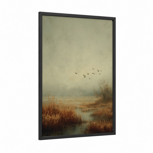 Misty Autumn Marsh framed art print — black wood frame — beige and sage green palette