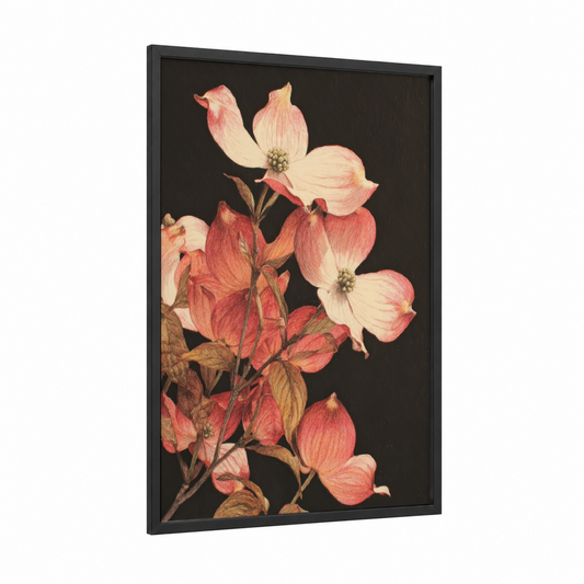 Pink Dogwood Blossoms framed art print — black wood frame — salmon pink and cream palette
