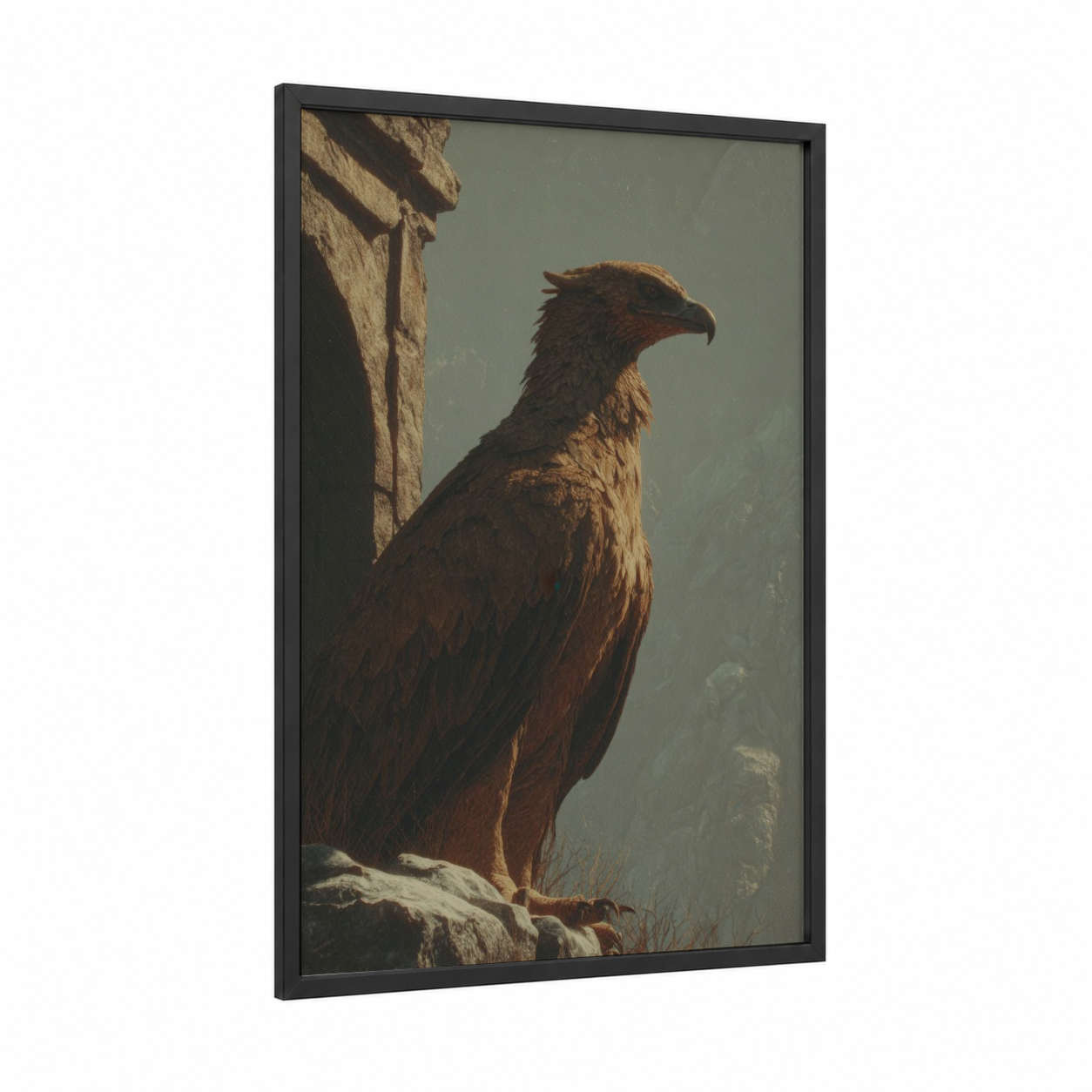 Stone Guardian Griffin framed art print — black wood frame — gold and dove gray palette