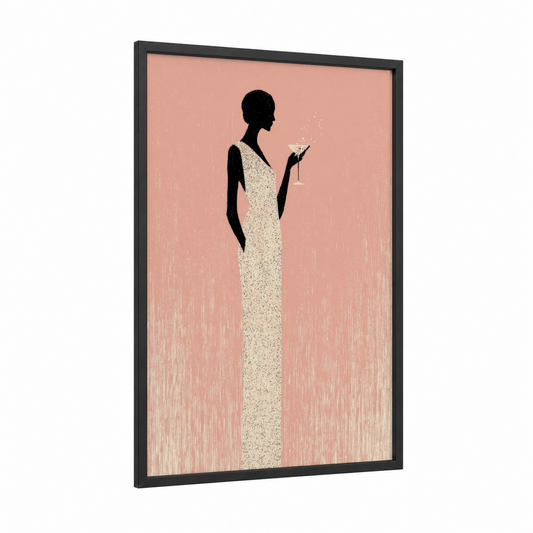 Champagne Celebration framed new years eve print — black wood frame — peach and black and white palette