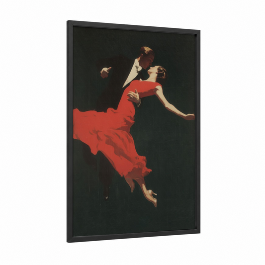 Crimson Swing Dance framed art print — black wood frame — red and black palette