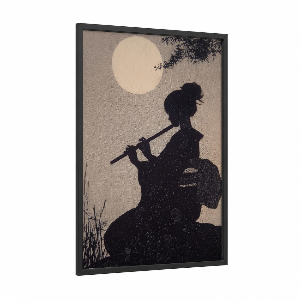 Moonlit Flute Player framed classical print — black wood frame — black and white and cream palette