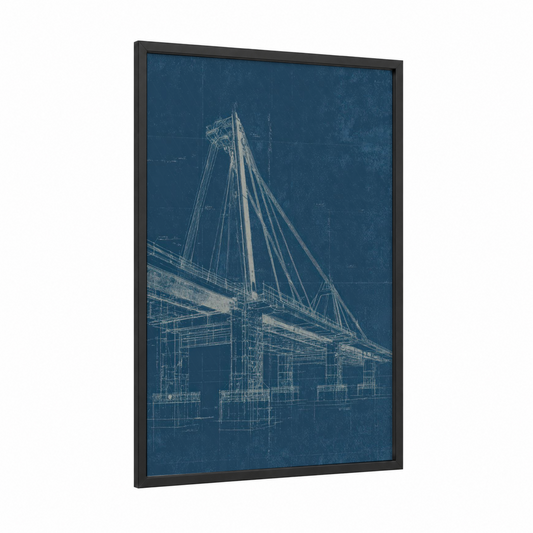Blueprint Bridge framed road and highways print — black wood frame — blue and white and dark blue palette