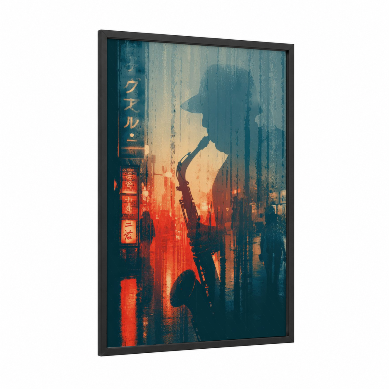 Neon Saxophonist framed musician print — black wood frame — red and teal palette
