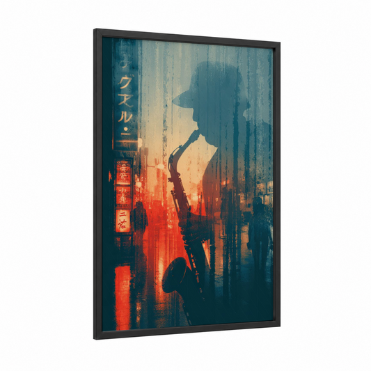 Neon Saxophonist framed musician print — black wood frame — red and teal palette