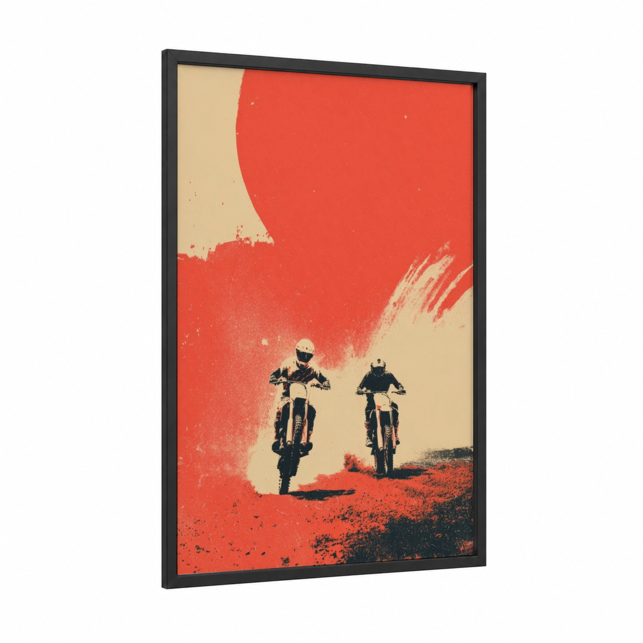 Desert Motocross Riders framed art print — black wood frame — red and cream palette