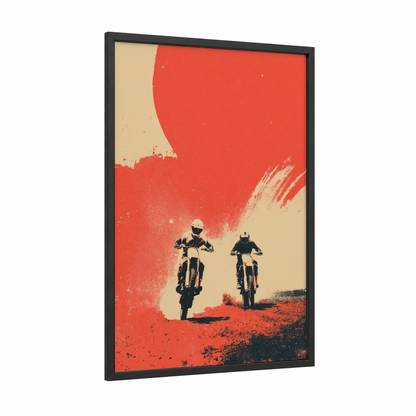 Desert Motocross Riders framed art print — black wood frame — red and cream palette