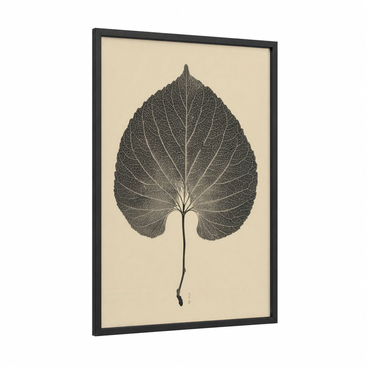 Skeletal Linden Leaf framed linden tree print — black wood frame — cream and black palette
