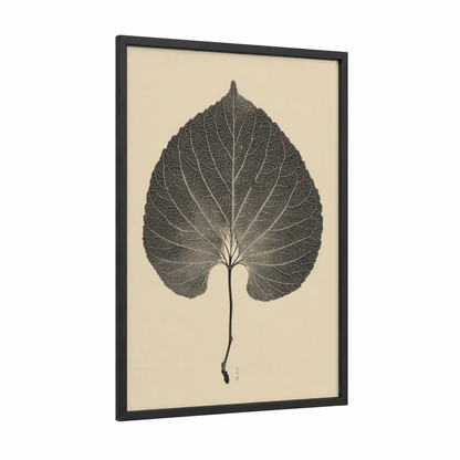 Skeletal Linden Leaf framed linden tree print — black wood frame — cream and black palette