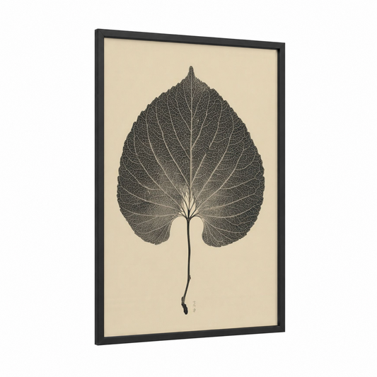 Skeletal Linden Leaf framed linden tree print — black wood frame — cream and black palette