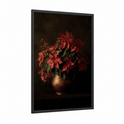 Crimson Poinsettias framed art print — black wood frame — red and espresso palette