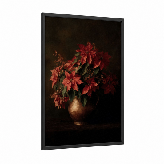 Crimson Poinsettias framed art print — black wood frame — red and espresso palette