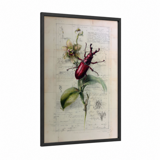 Crimson Beetle Orchid framed art print — black wood frame — maroon and light green palette