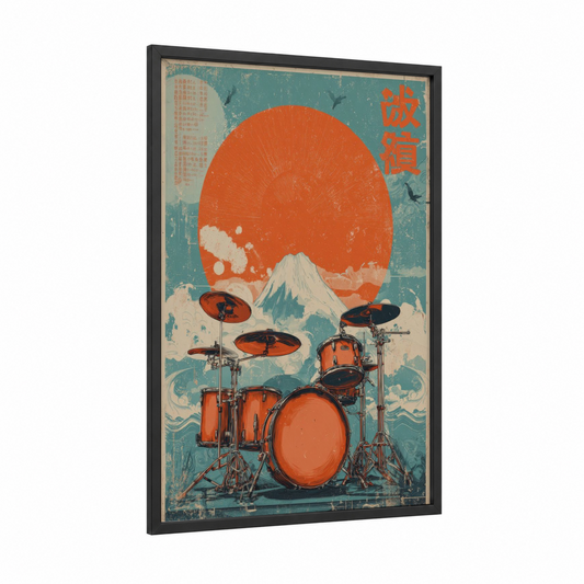 Volcanic Drum Kit framed drums print — black wood frame — orange and teal palette