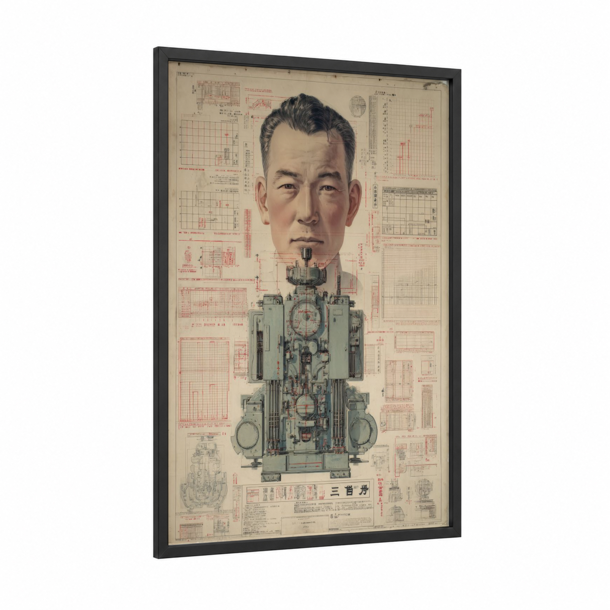 Mechanical Head Blueprint framed blueprints print — black wood frame — cream and red palette