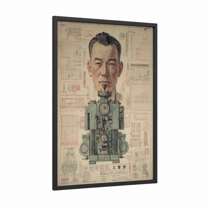 Mechanical Head Blueprint framed blueprints print — black wood frame — cream and red palette