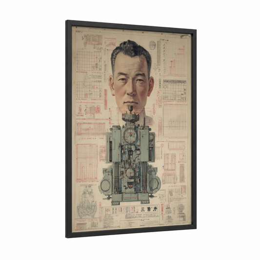 Mechanical Head Blueprint framed blueprints print — black wood frame — cream and red palette