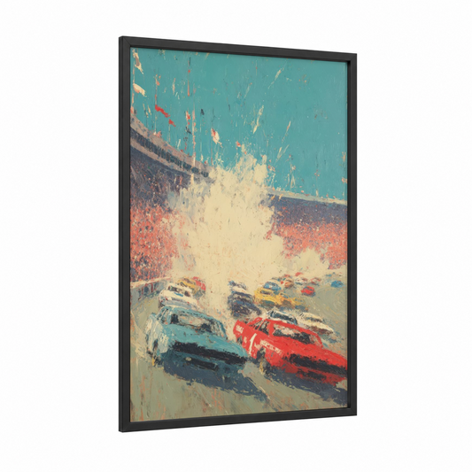 Vintage Racing Stadium framed auto racing print — black wood frame — turquoise and red palette