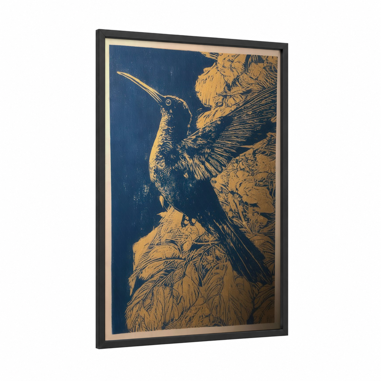 Golden Hummingbird framed art print — black wood frame — gold and blue palette