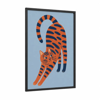 Stretching Orange Tiger Cat Wall Art framed art print — black wood frame — orange and blue palette