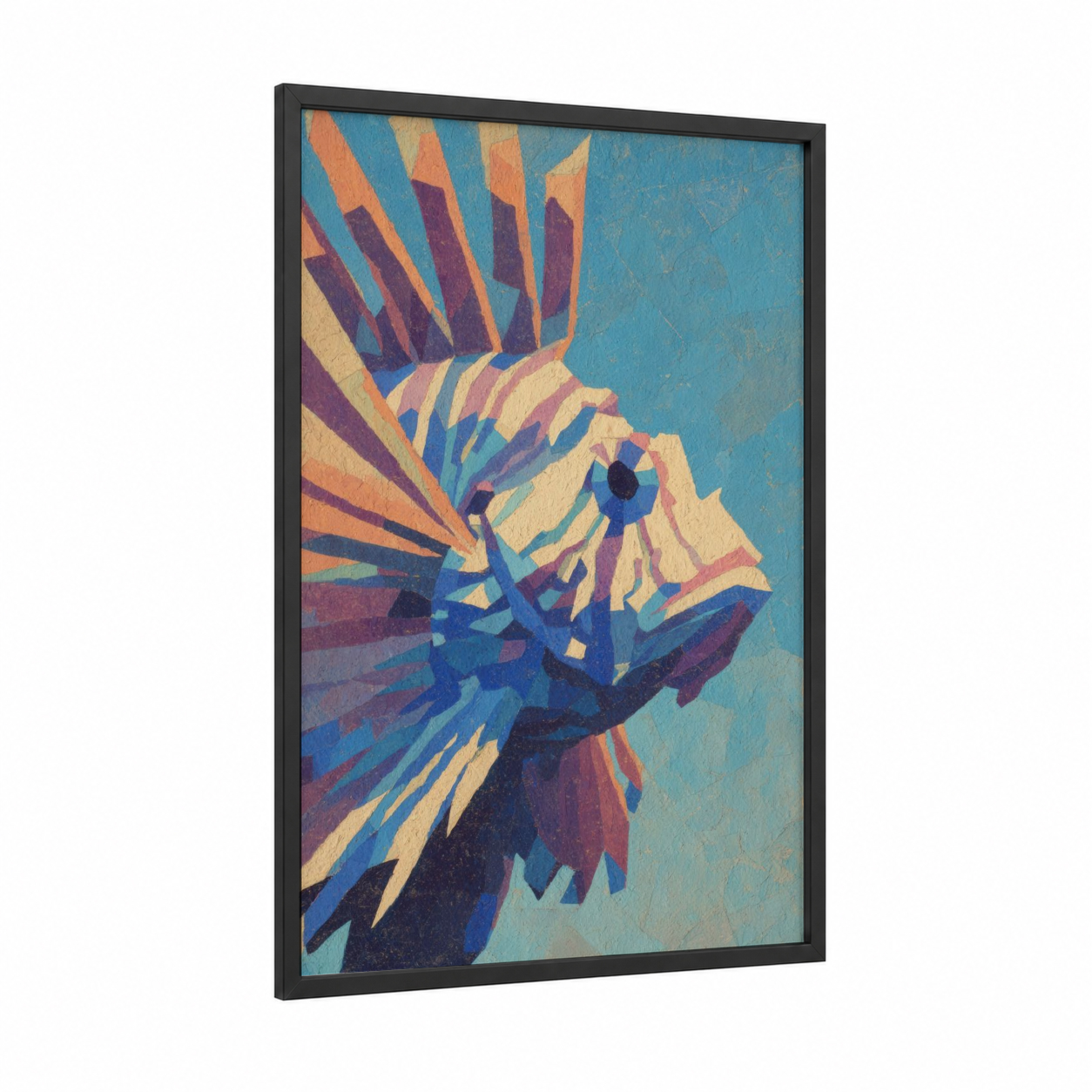 Radiant Lionfish framed art print — black wood frame — blue and gold palette