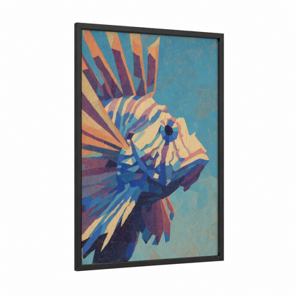 Radiant Lionfish framed art print — black wood frame — blue and gold palette