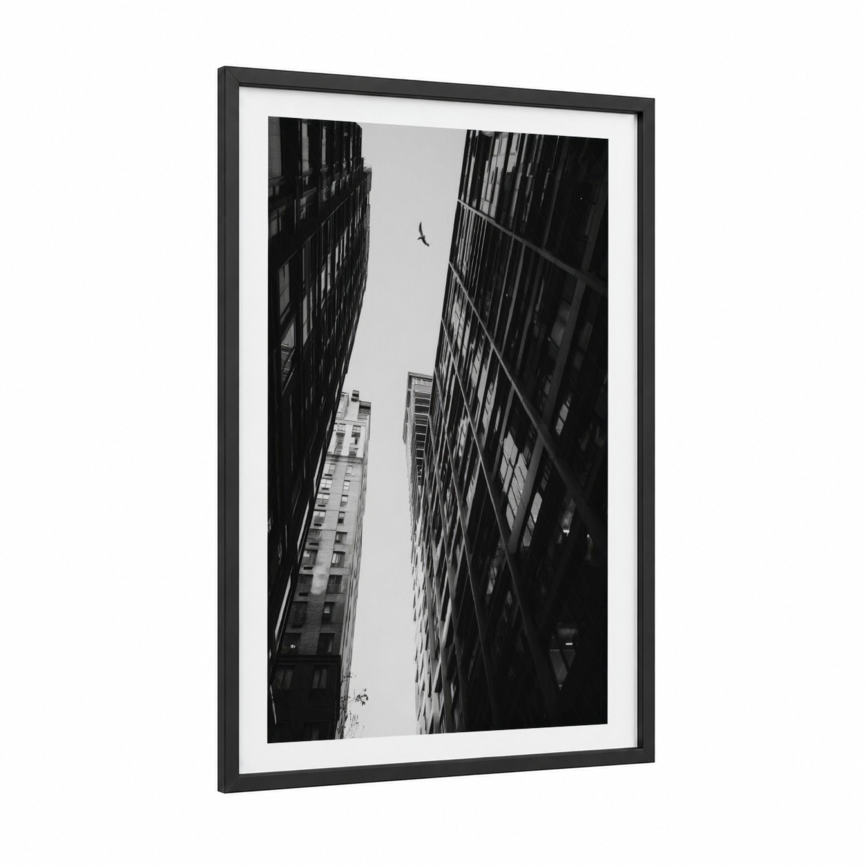 Urban Canyon framed abstract architecture print — black wood frame — black and white and gray palette