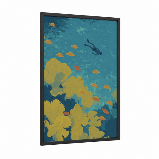 Coral Snorkeling framed art print — black wood frame — teal and gold palette