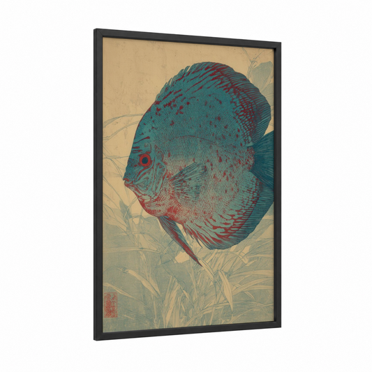 Crimson Discus Fish framed art print — black wood frame — teal and red palette